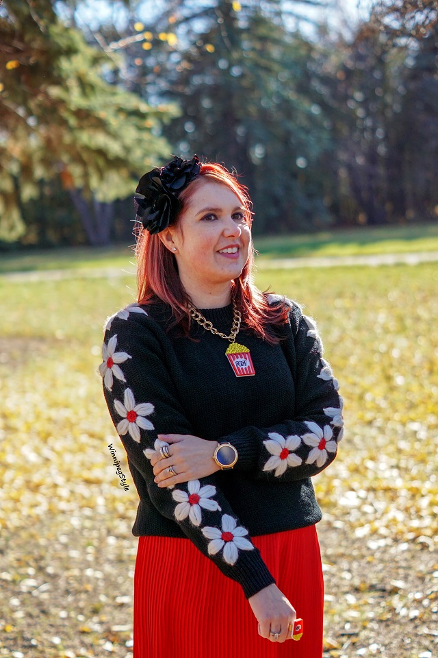 Winnipeg Style fashion blog, Canadian stylist, Chicwish hand knit daisy sleeve black sweater, Sparkle Bomb swarovski crystal acrylic popcorn necklace and ring, Forever 21 red pleated chiffon skirt